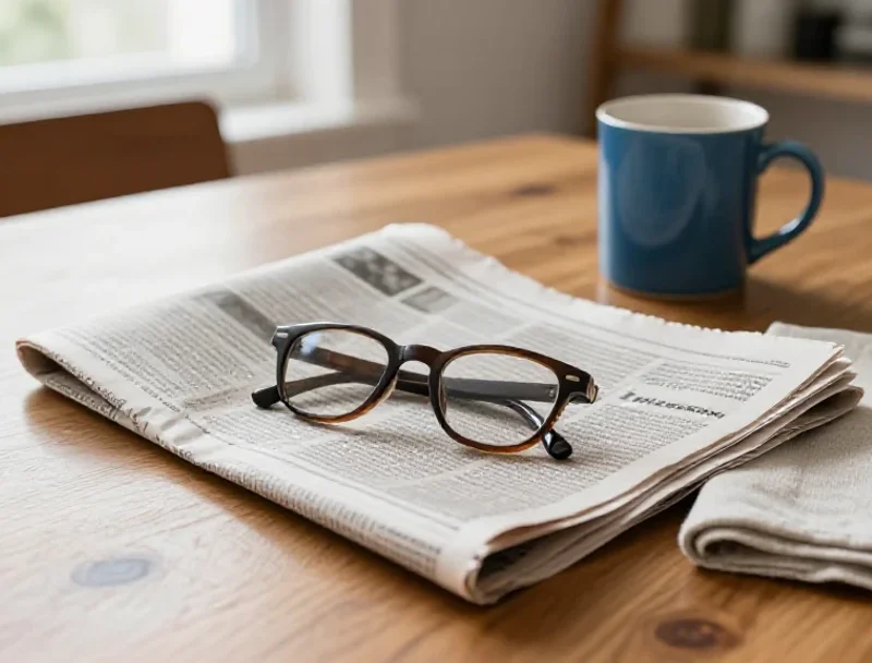 Scène matinale avec journal et lunettes illustrant une perspective attentive sur la vie quotidienne.